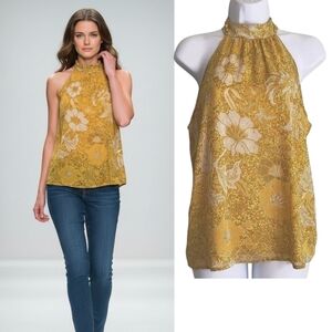 Cupcake & Cashmere Sleeveless Top Women's Size M Chiffon Halter Neck Gold Floral